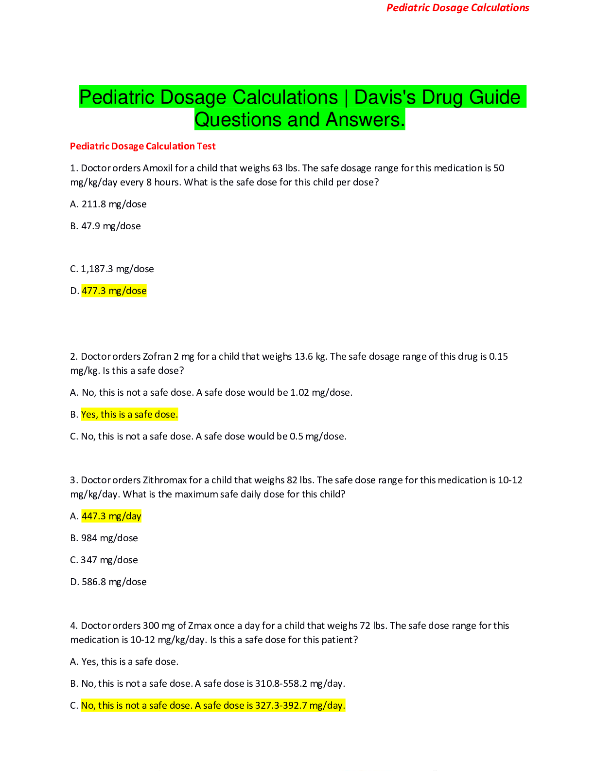 Preview image for Pediatric Dosage Calculations | Davis's Drug Guide Questions and Answers 100% Correct Answers Guaranteed